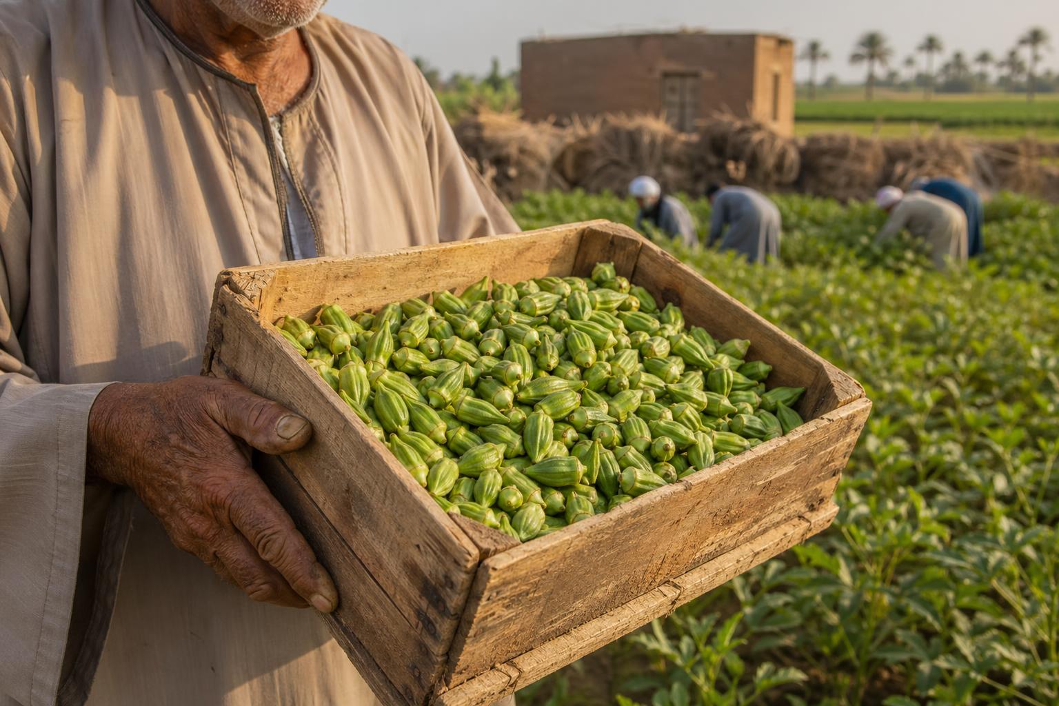Top-down shot of fresh and IQF Egyptian okra pods on dark slate with ice crystals