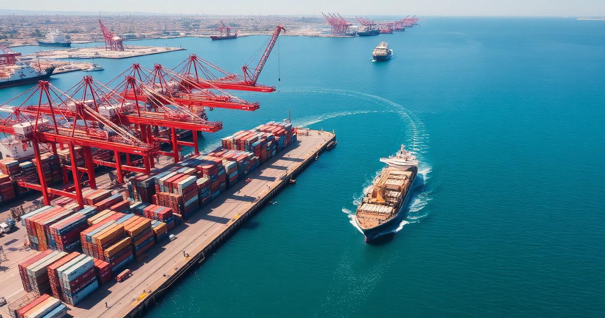 Aerial view of an Egyptian Mediterranean container port with cranes, reefer containers, and a container vessel