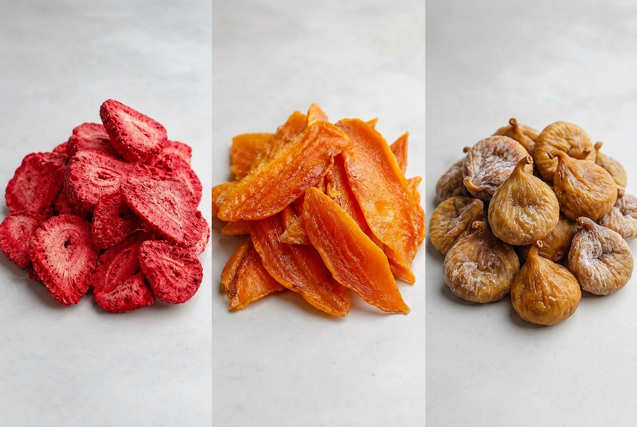 Side-by-side comparison of freeze-dried strawberry slices, hot-air dried fruit on a conveyor, and sun-dried apricots on woven trays