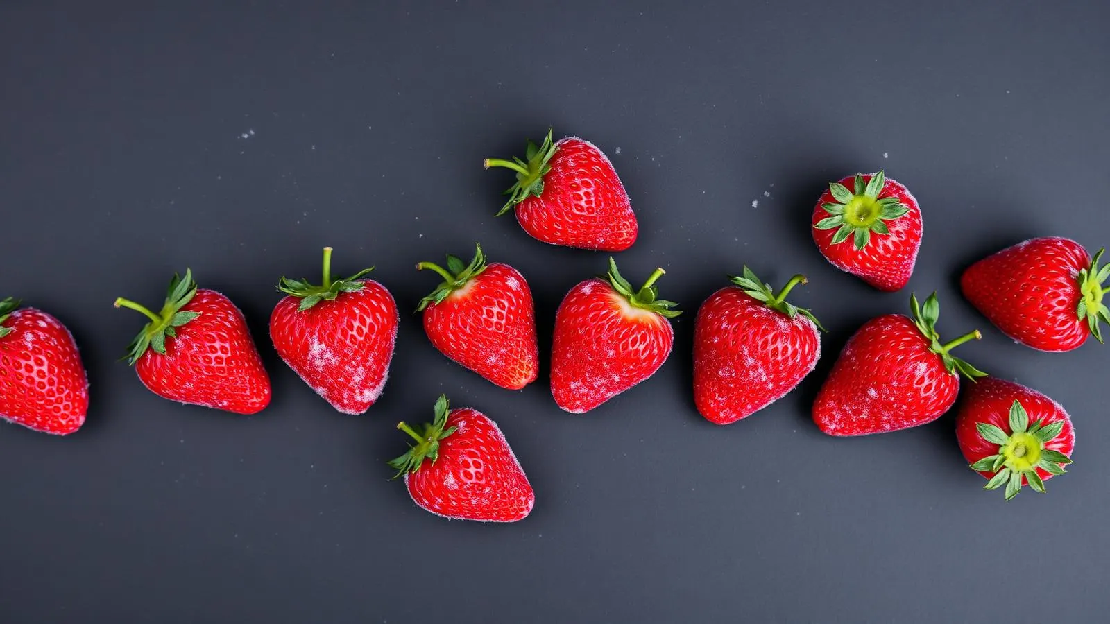 IQF frozen strawberries from Egypt on a dark slate background, top-down food photography