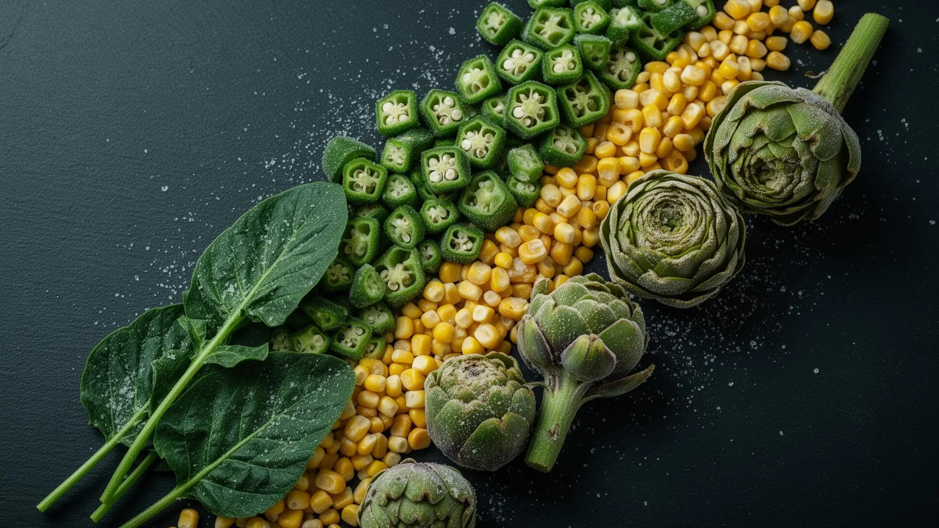 IQF frozen Egyptian vegetables - molokhia, okra, corn, and artichoke hearts arranged on a dark slate background