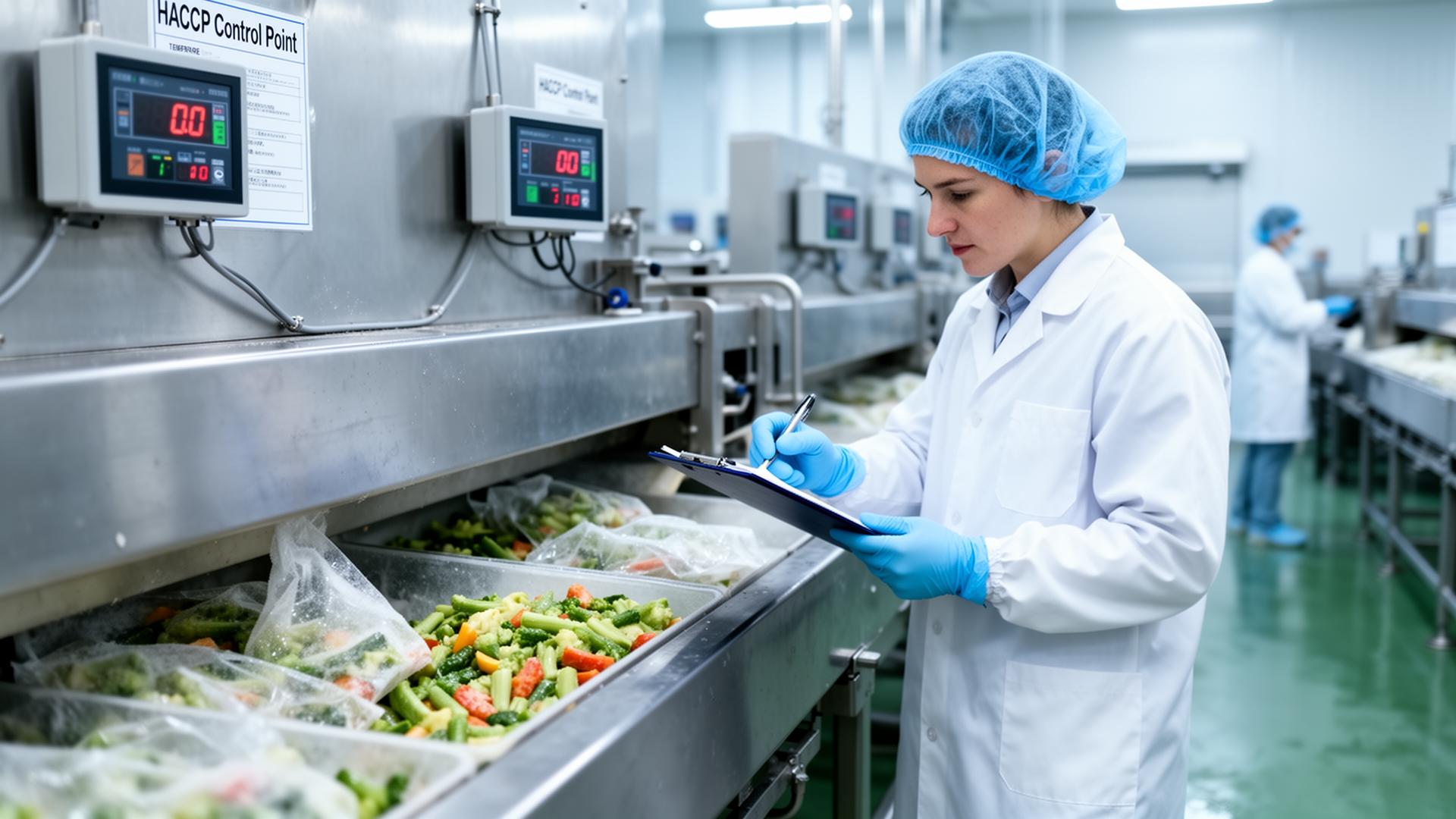 HACCP audit clipboard with checklist in front of a stainless steel food processing line