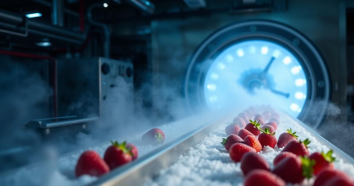 Industrial IQF tunnel freezer with strawberries on a stainless steel conveyor and cold blue mist