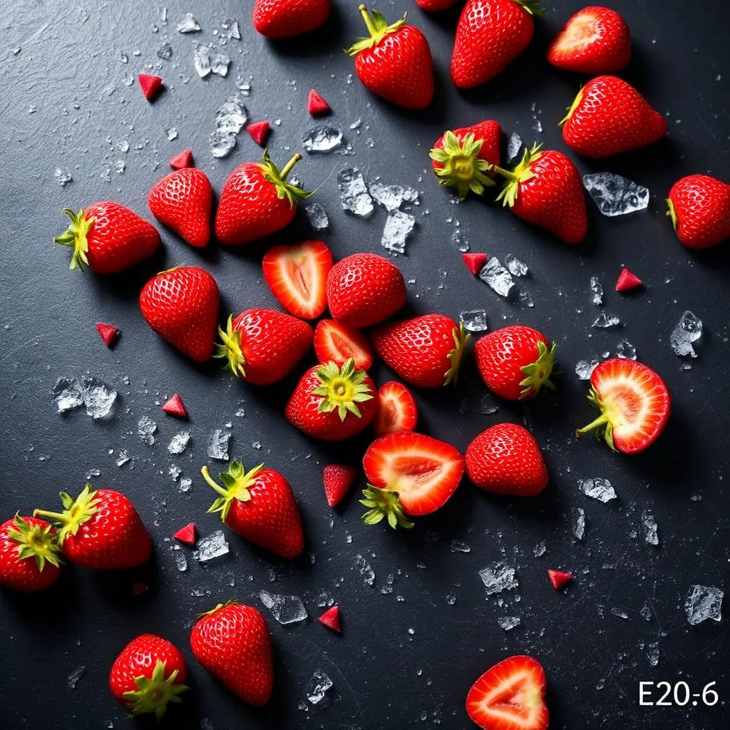 IQF strawberries scattered on a dark slate surface with ice crystals, top-down food photography