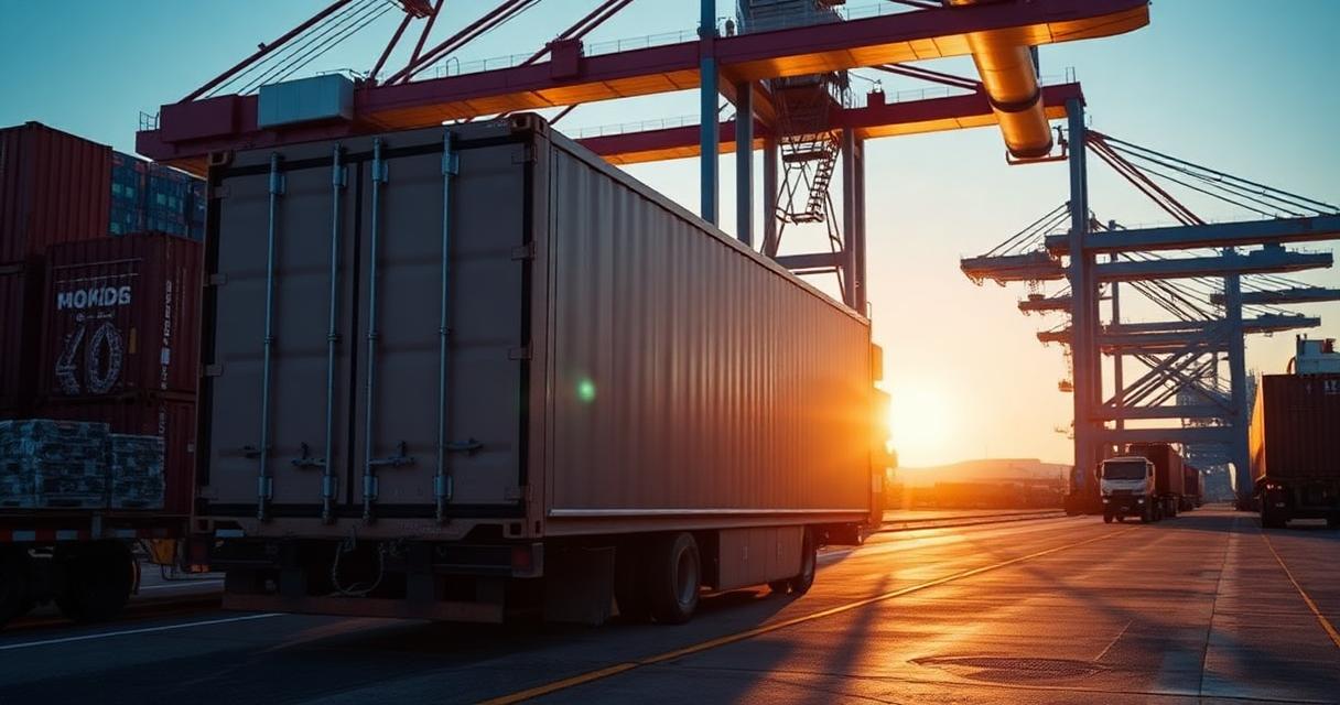 Refrigerated 40 foot reefer container being loaded at a port terminal at golden hour