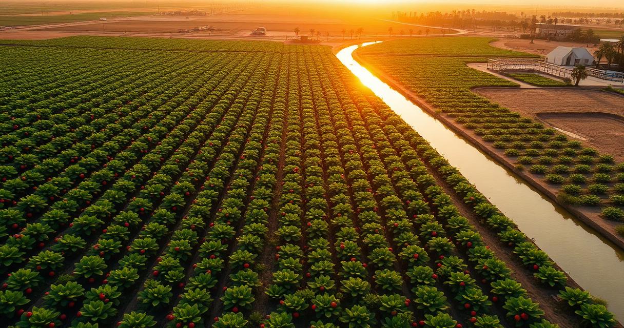 Aerial view of Egyptian strawberry farms in the Nile Delta at golden hour with irrigation canals