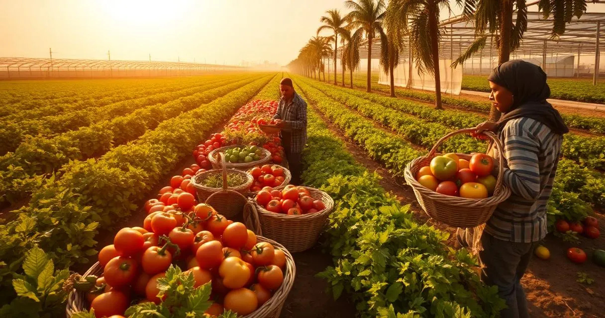 Egyptian farmworkers harvesting tomatoes and peppers with greenhouses and the Nile in the background
