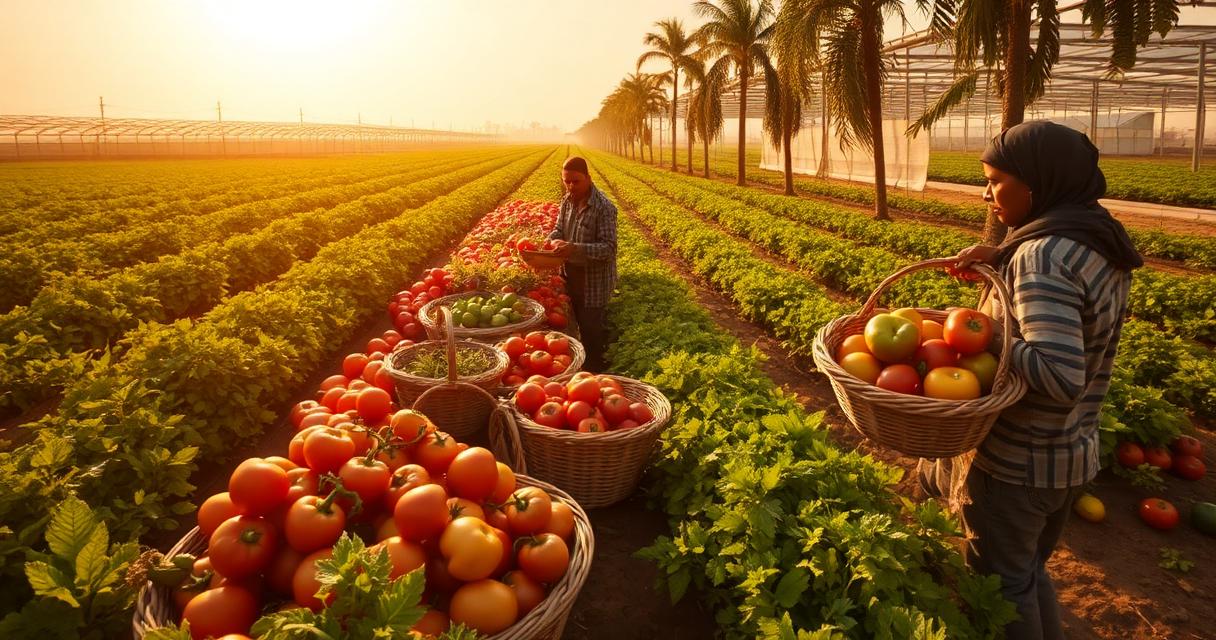 Egyptian farmworkers harvesting tomatoes and peppers with greenhouses and the Nile in the background