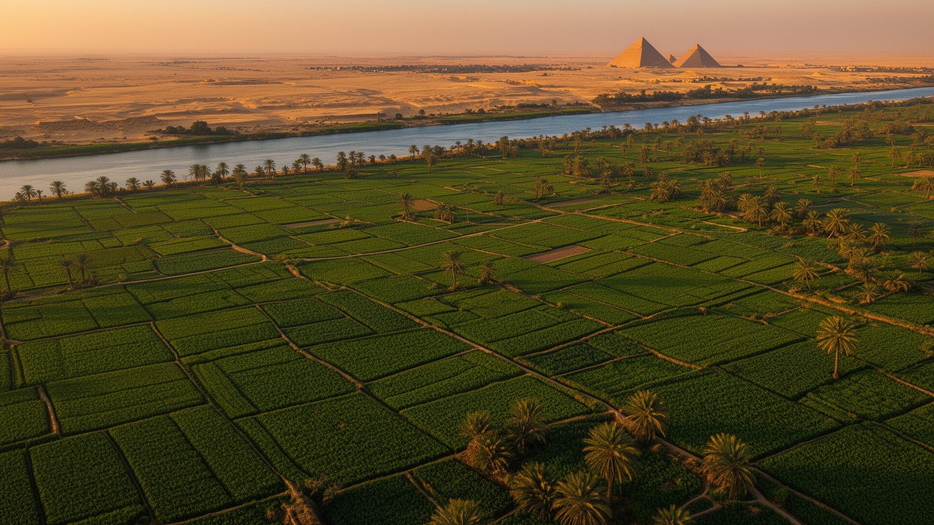Aerial view of fertile Nile Valley farmland in Egypt with the pyramids in the distance