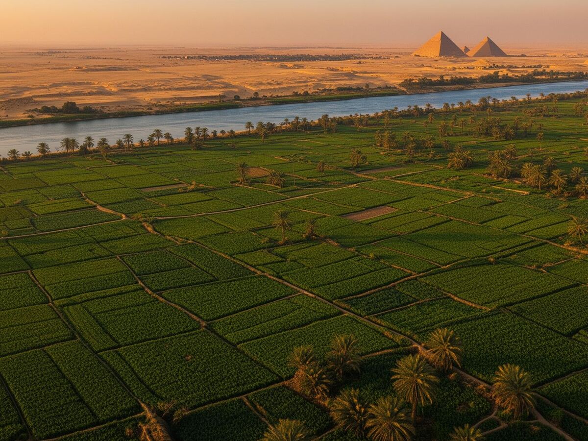 Aerial view of fertile Nile Valley farmland in Egypt with the pyramids in the distance